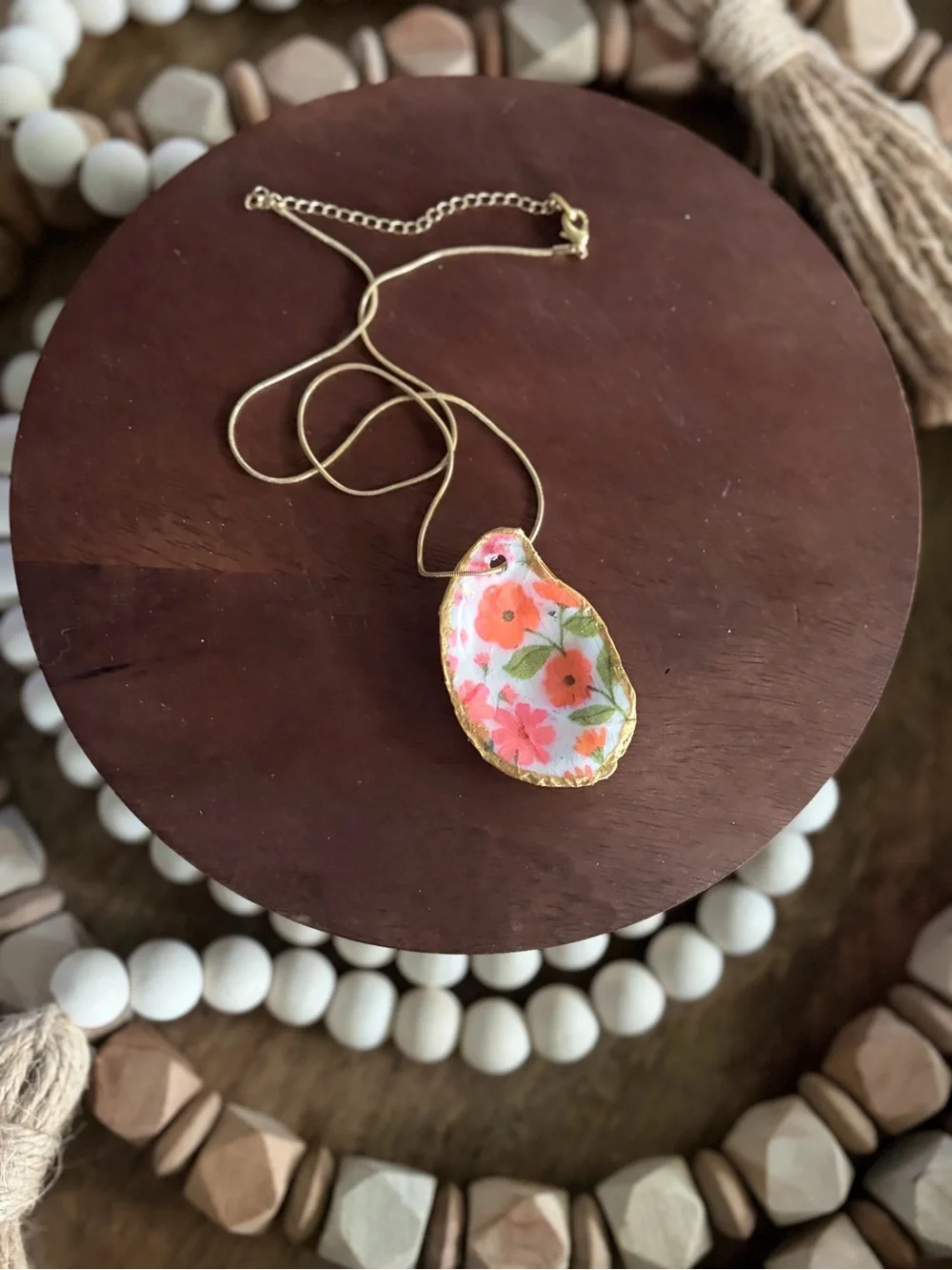 Floral Pink Gold-Edged Pendant Necklace